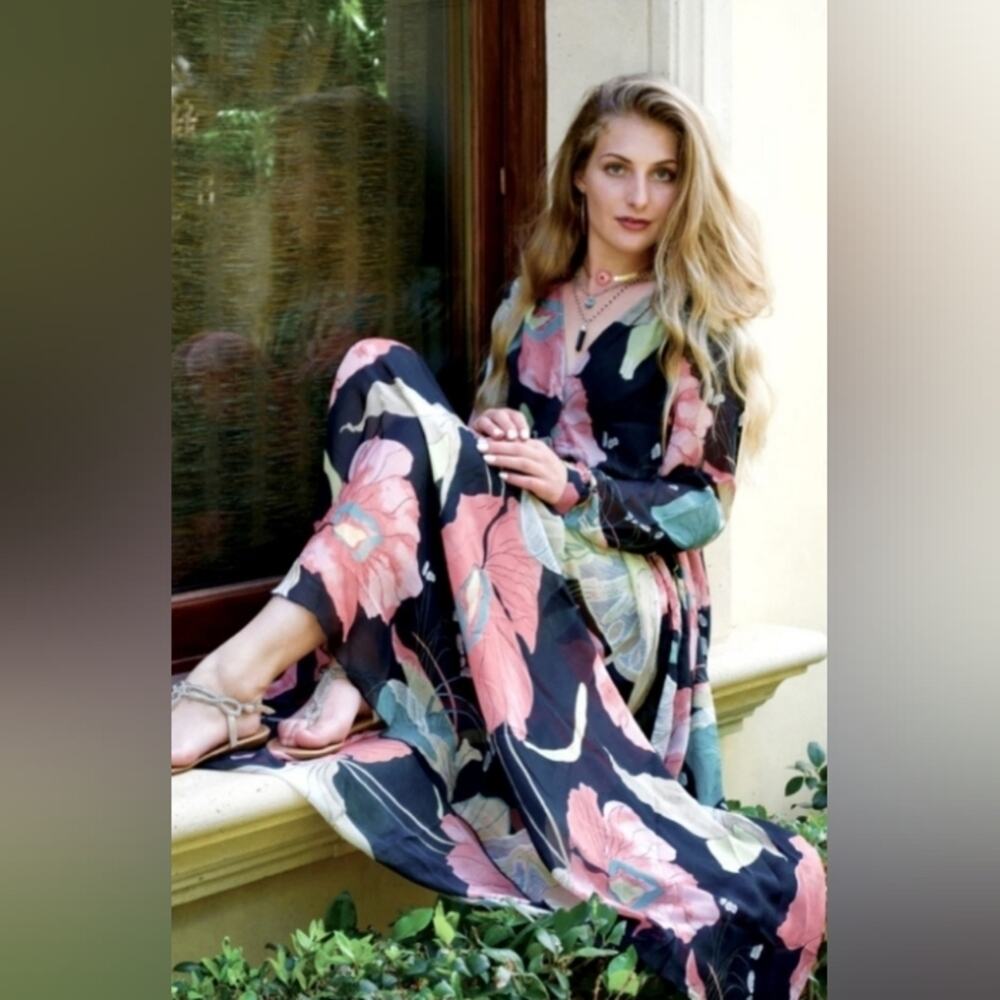 Anthropologie Aakaa Formal Maxi Dress Sz Small BLACK PINK Floral Wedding Elegant - Picture 9 of 15